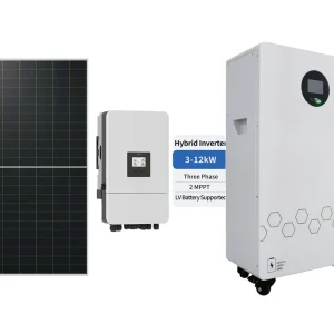 Kit fotovoltaic 11 kW cu baterie 16 kWh – componente pe fundal alb