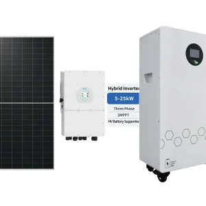 Kit fotovoltaic 25 kW cu baterie 16 kWh – componente pe fundal alb
